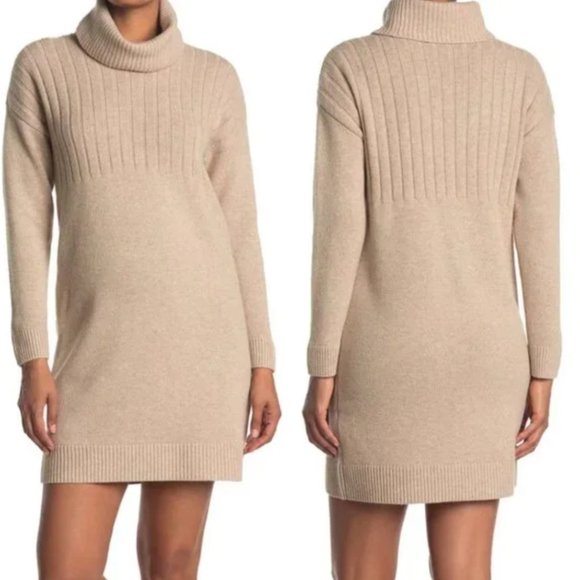 Madewell Dresses & Skirts - Madewell Women’s Merino Wool Ribbed Beige Sweater Dress Size M Mini Turtleneck